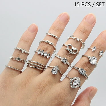 15Pcs/set Ring Bohemian Love Leaf Ring Rhinestone Knuckle Couple Ring Jewelry