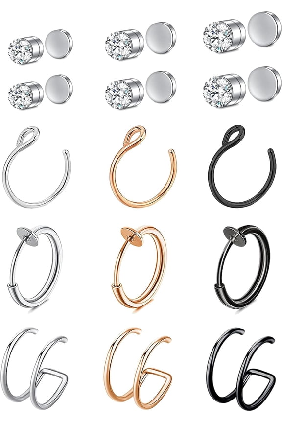 15Piece Magnetic Fake Nose Ring Set, Hypoallergenic Stainless Steel Non-Pierced Septum & Ear Cuffs with CZ, Includes Velvet Jewelry Pouch for Daily & Party Wear for Women and Men