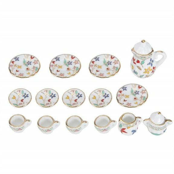 15Pieces Miniature Porcelain Teacup Set Mini Flower Pattern Teapot Cup Plates Set Dollhouses Kitchen Accessories Set