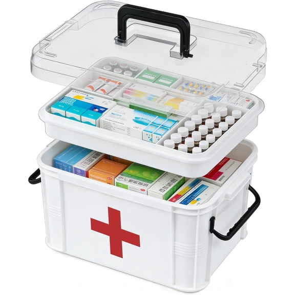 15QT Clear  Organizer Box with Handle, Plastic  Container with Tray  Box Empty, Thickened  Storage Organizer Multipurpose Medication Organizer Storage, White