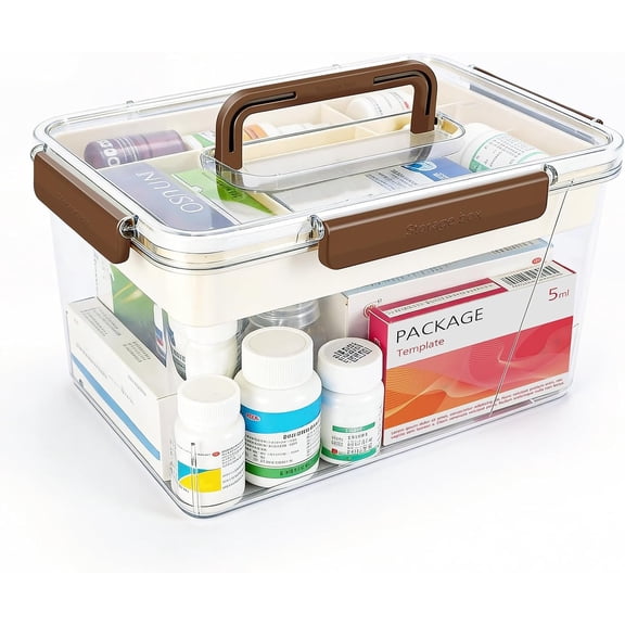 15QT Clear Storage Box, Portable Double Layer Organizer Box with Detachable Divided Tray, Clear Box for Family, Travel, Office & Dorm Medication Storage(XL)