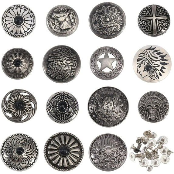 15Styles Turquoise Screw Back Button Eagle Star Flower Decorative Buckle with Screws Back Buttons Metal Screw Back Button Retro for DIY Craft Leather Crafts Decoration 1box
