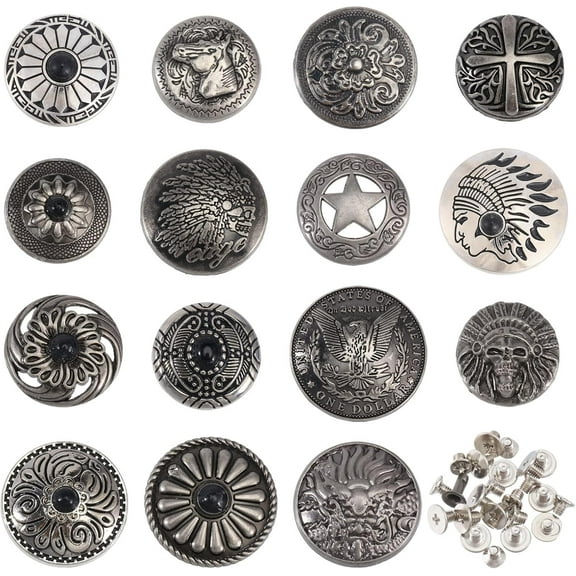 15Styles Turquoise Screw Back Button Eagle Star Flower Decorative Buckle with Screws Back Buttons Metal Screw Back Button Retro for DIY Craft Leather Crafts Decoration 1box