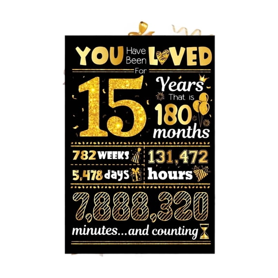 15Th Birthday Card, Black Gold 7 Inch Funny Milestone Greeting Card for Boys Girls, 1 Pack