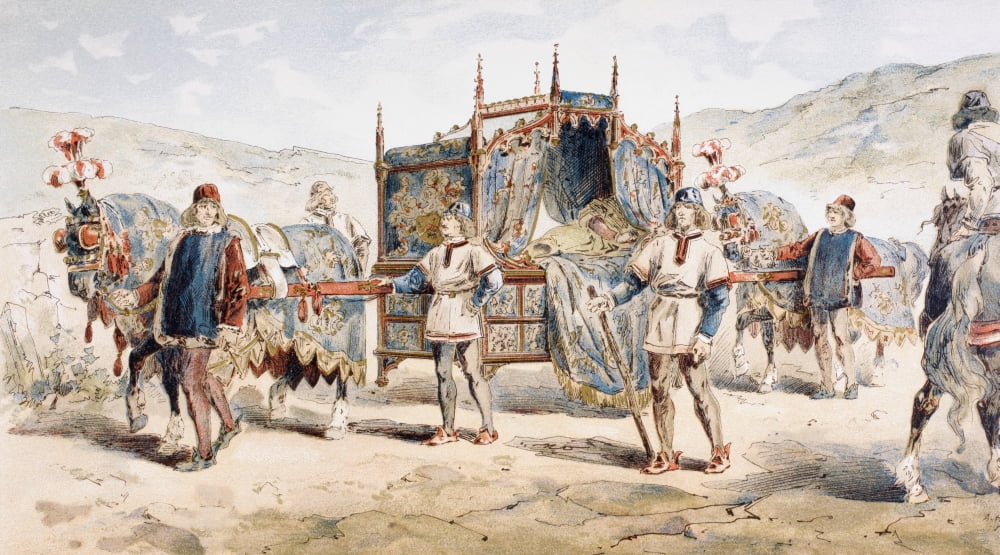 15Th Century Noble Womans Horse Drawn Litter After A Watercolour By A Heins From Cortege Historique Des Moyens De Transport Published Brussels 1886 Canvas Art - Ken Welsh Design Pics (38 x 22)