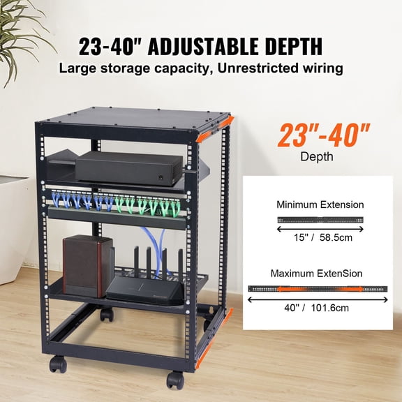 15U Open Frame Server Rack, 23-40 in Adjustable Depth, Free Standing or Wall Mount Network Server Rack, 4 Post AV Rack with Casters, Holds All Your Networking IT Equipment AV Gear Router Modem