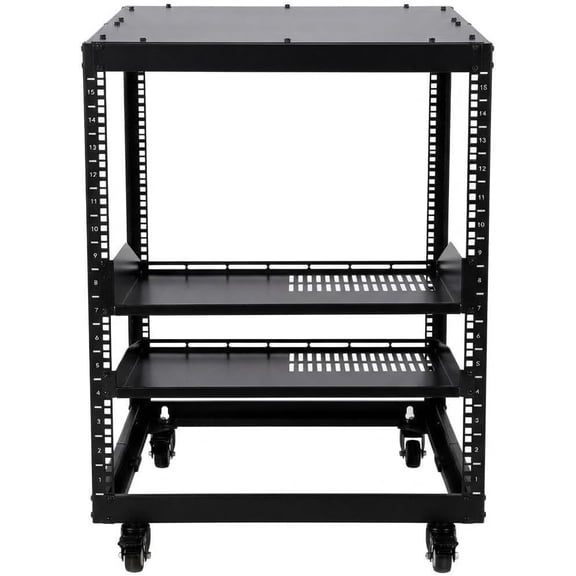 15U Open Frame Server Rack – Adjustable 23"-40" Depth | IT Rack with Lockable Casters, 1u Shelf Included, 500Lbs Capacity for Network, Servers, AV Equipment, Router & Modem