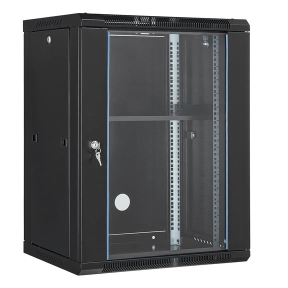 15U Server Rack Wall Mount Cabinet - 18 Inch Network Enclosure with Lockable Glass Door - Multifunctional Server Cabinet for Home & Office