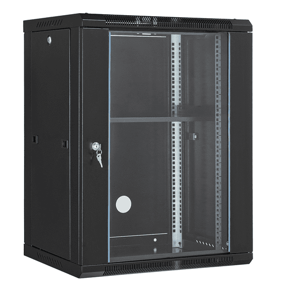 15U Server Rack Wall Mount Cabinet, 500lbs Capacity, Locking Glass Door, Carbon Steel Enclosure for IT, A/V Equipment