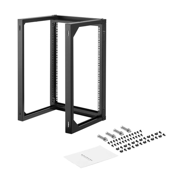 15U Wall Mount Server Rack, 150 lbs Capacity, Open Frame Network Rack, 19 Inch, Carbon Steel with Swing Gate, Black