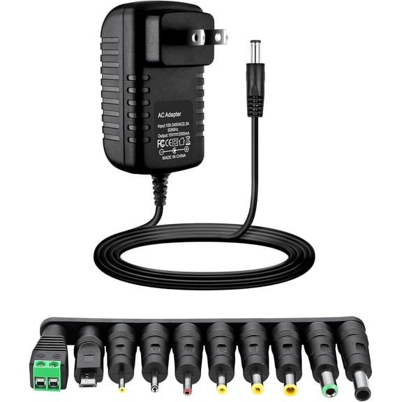 15V 2A 30W AC to DC Power Supply Adapter, Universal 10 Interchangeable DC Connector Plugs Charger, 100-240V Wide Voltage Wall Plug with OVP OCP SCP Safety Protection, Center Positive Polarity Power C