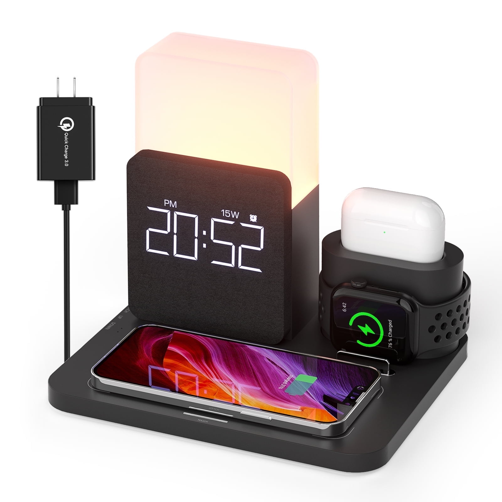 15W 3-in1 Wireless Charger Compatible iPhone 16/15/14/13/15, Apple Watch, AirPods – Fast Charging Dock w/Alarm Clock & Night Light Black + 18W Adapter