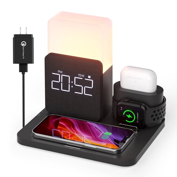 15W 3-in1 Wireless Charger Compatible iPhone 16/15/14/13/15, Apple Watch, AirPods – Fast Charging Dock w/Alarm Clock & Night Light Black + 18W Adapter