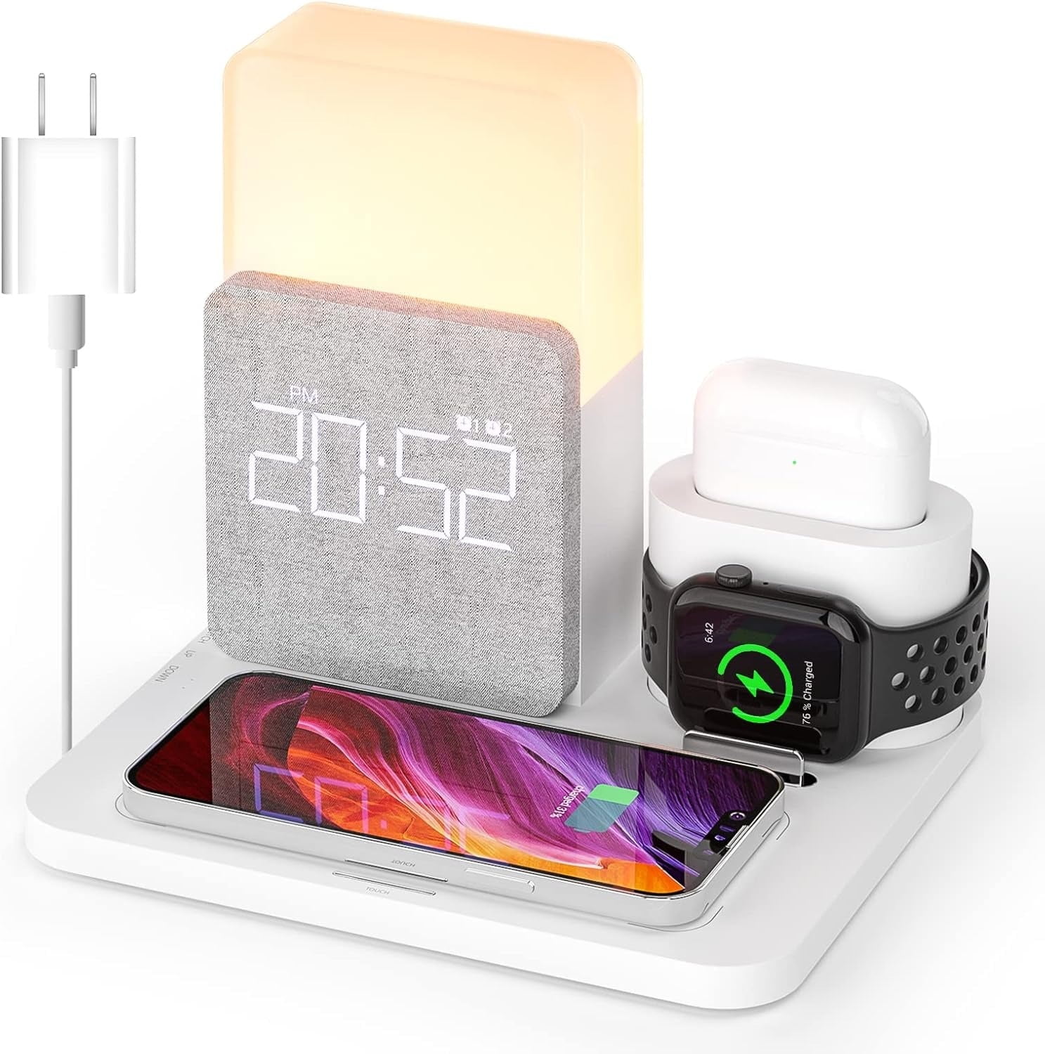 15W 3-in1 Wireless Charger Compatible iPhone 16/15/14/13/15, Apple Watch, AirPods – Fast Charging Dock w/Alarm Clock & Night Light White + 18W Adapter