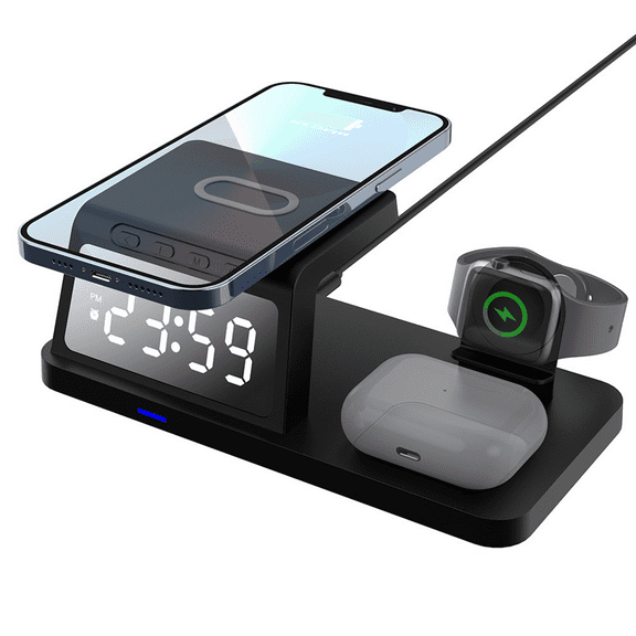 15W 4-in-1 Wireless Charging Station with Alarm Clock & Night Light – Fast Charger for iPhone, Apple Watch, AirPods & Android – Black