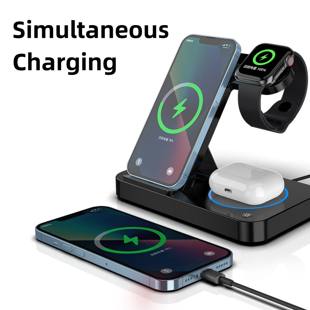 15W 4-in-1 Wireless Magnetic Charger with Headphone Holder for Apple Watch,AirPods, iPhone17/16/15/14/13/12 LG,Samsung Galaxy，have Atmosphere light