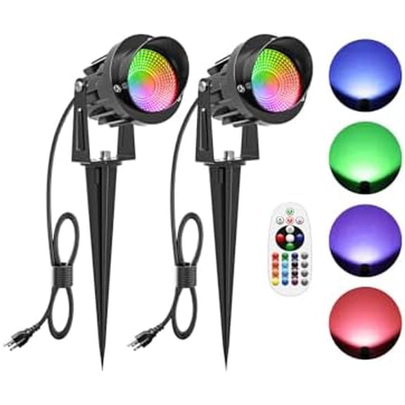 15W Christmas Spotlights Outdoor Spot Lights RGB Color Changing Landscape Lights, 120V Waterproof LED Spotlight with Remote & Plug for Yard Garden Path House Halloween Decorations (2Pack)