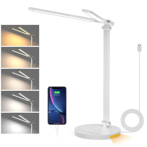 15W Dual Head Desk Lamp with Night Light & 45mins Timer - Architect Task Lamp, Dimmable Brightness, USB Powered Eye-Caring Foldable Table Light for Working, Home, Office, Reading, Bedtime (5Colors）
