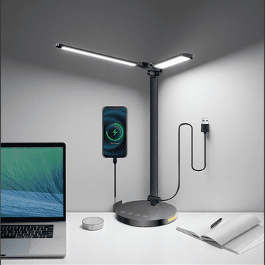 15W Dual Head Desk Lamp with Night Light & 45mins Timer - Architect Task Lamp, Dimmable Brightness, USB Powered Eye-Caring Foldable Table Light for Working, Home, Office, Reading, Bedtime (5Colors）
