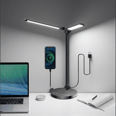 15W Dual Head Desk Lamp with Night Light & 45mins Timer - Architect Task Lamp, Dimmable Brightness, USB Powered Eye-Caring Foldable Table Light for Working, Home, Office, Reading, Bedtime (5Colors）