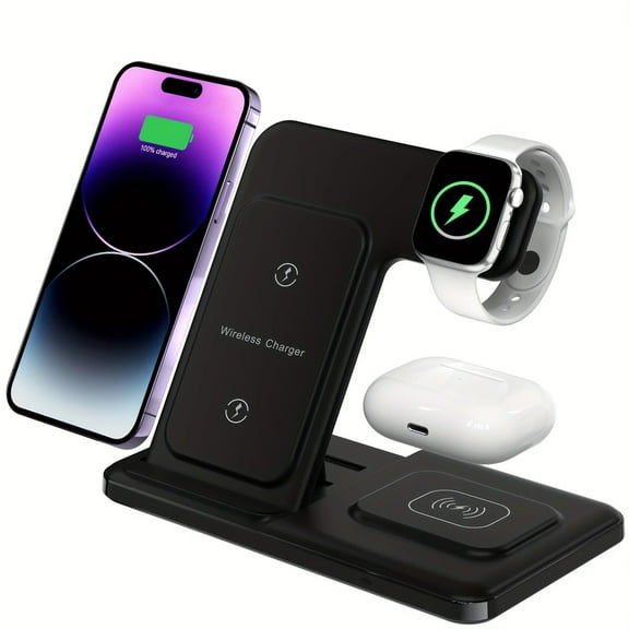 15W Fast Charging 3-in-1 Wireless Charger for iPhone 15 Pro/14 Pro/Pro Max, Apple Watch & AirPods, Black