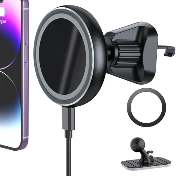 15W Fast Charging Magnetic Wireless Car Charger for Mount Holder, Compatible with iPhone16/15/14/13/12 /Pro/Max/Plus/Mini, Stick on Dashboard/Clip to Air Vent Phone Holder