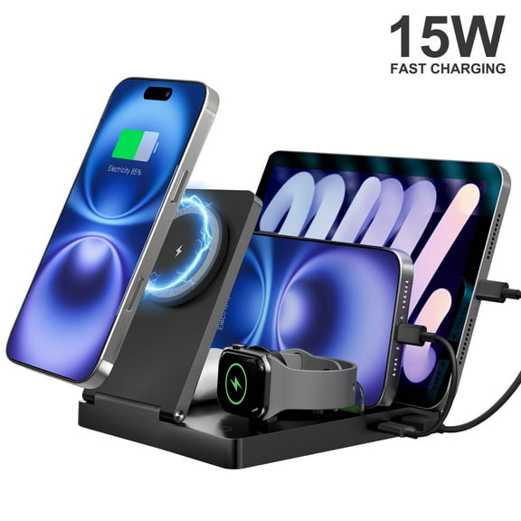 15W Charging Station, 5 in 1 Magnetic Wireless Charger Compatible with iPhone 17 16 15 14 13 12 Series, Charging Dock Compatible with AirPods 4 3 2 1, for iWatch, for iPad, Black