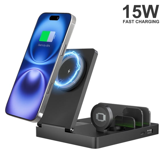 15W Charging Station, 5 in 1 Magnetic Wireless Charger Compatible with iPhone 17 16 15 14 13 12 Series, Charging Dock Compatible with AirPods 4 3 2 1, for iWatch, for iPad, Black