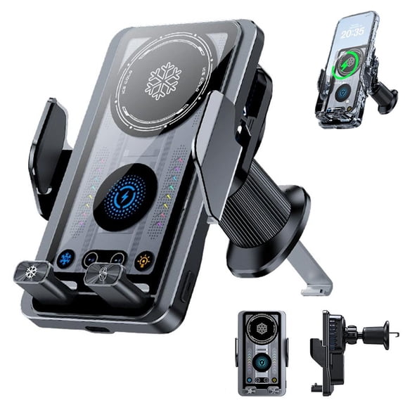 15W Fast Cooling Car Phone Holder Mount, Universal 2-in-1 Vent Phone Stand with 360 Rotation & LED Light for Smartphones