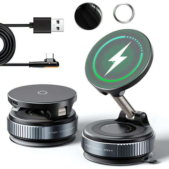 15W Fast Wireless Charger Car Phone Holder Mount, Vacuum Suction Cup Phone Holder Design for MagSafe iPhone 17/16/15/14/13/12, 360 Adjustable & Foldable Stand for Dashboard & Windshield