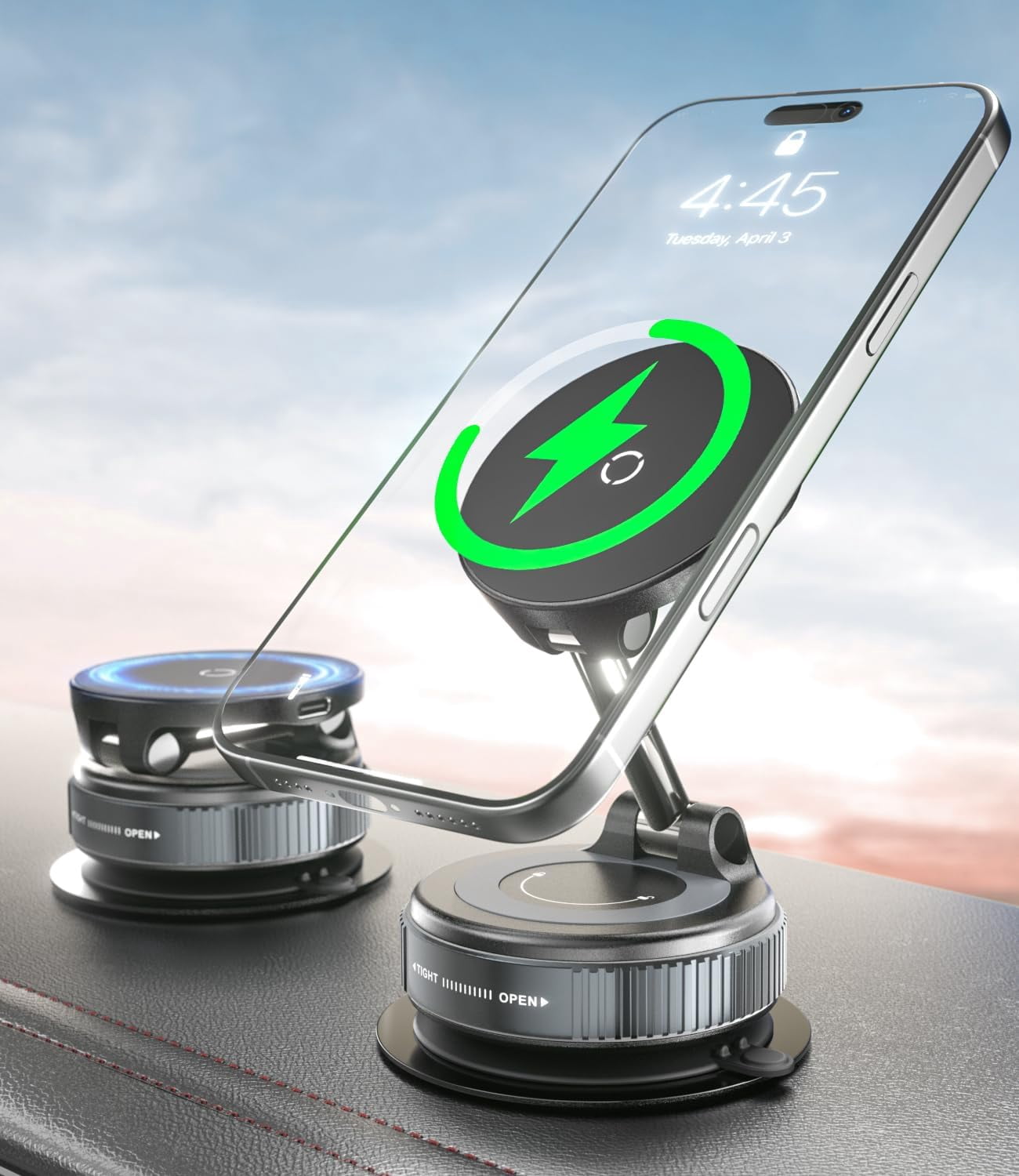 15W Fast Wireless Charger Car Phone Mount, Vacuum Suction Cup Magnetic Phone Holder Design for MagSafe iPhone 17/16/15/14/13/12, 360° Adjustable & Foldable Stand for Dashboard/Windshield