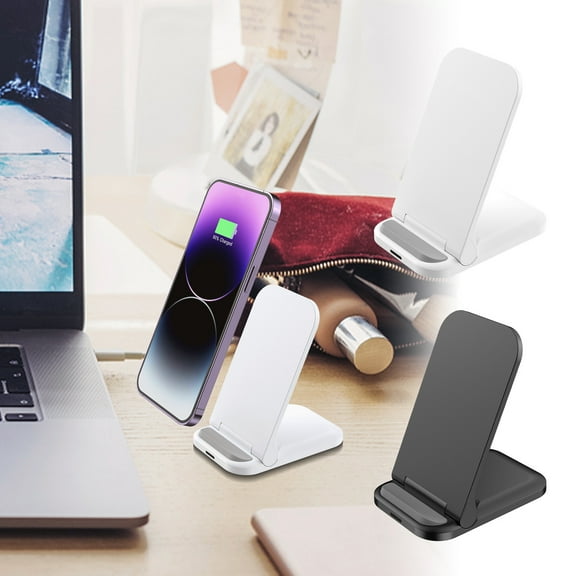 15W Fast Wireless Charger Stand - Foldable Vertical Desktop Charging Pad with Dual Coil, Type-C Port, Compatible with Android Phones, Black/White