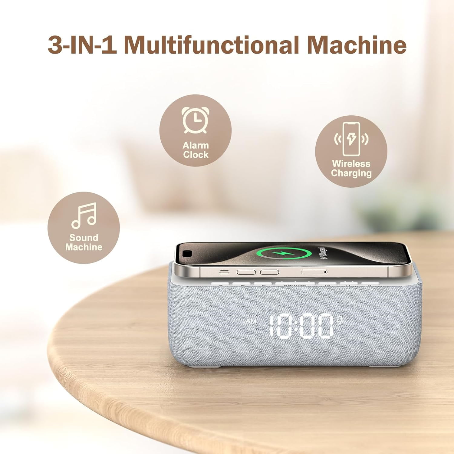 15W Fast Wireless Charging Alarm Clock with White Noise  for Bedroom & Office
