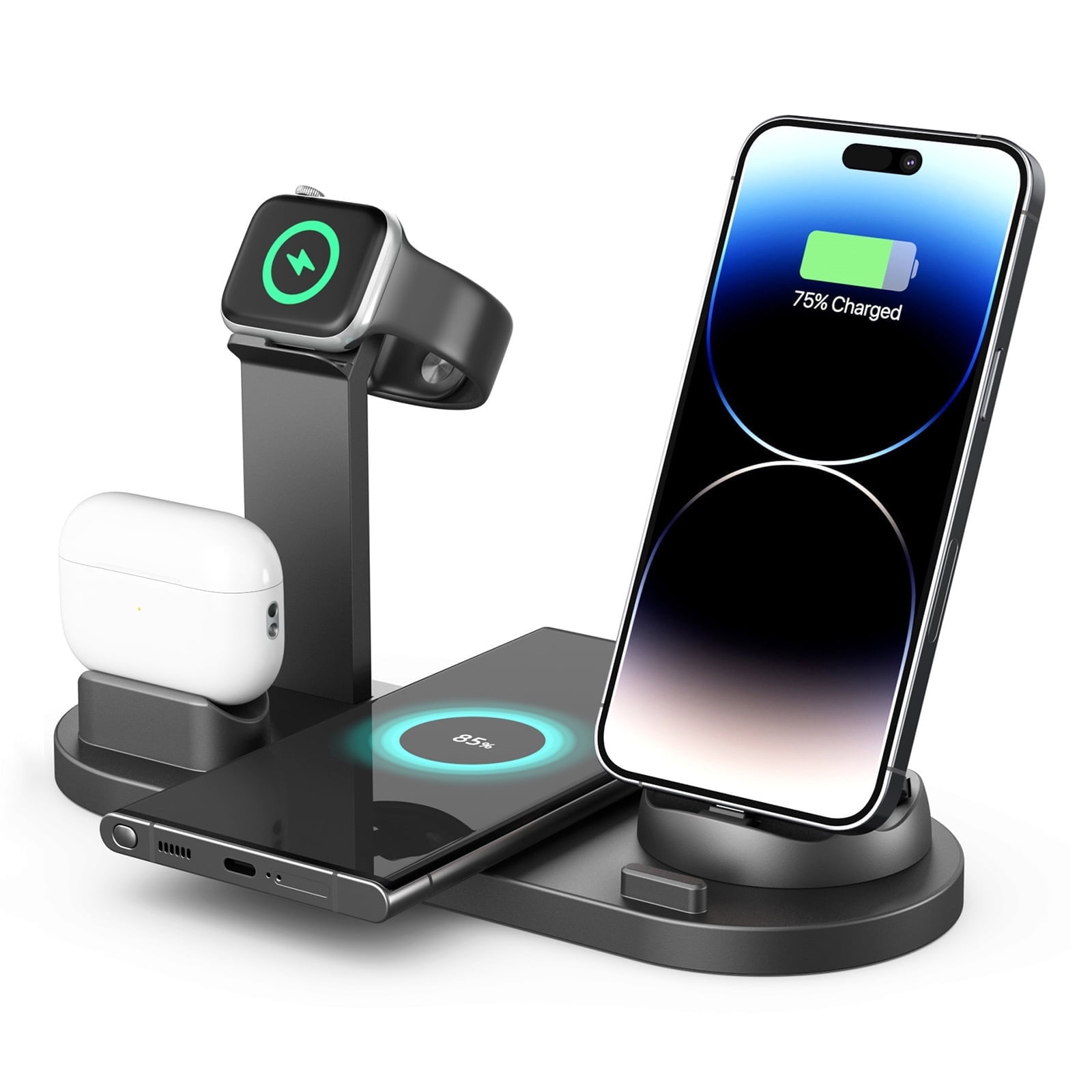 15W Fast Wireless Charging Stand - 360° Rotatable Charging Dock Station Multi-Interface for iPhone/Apple Watch/AirPods/Android
