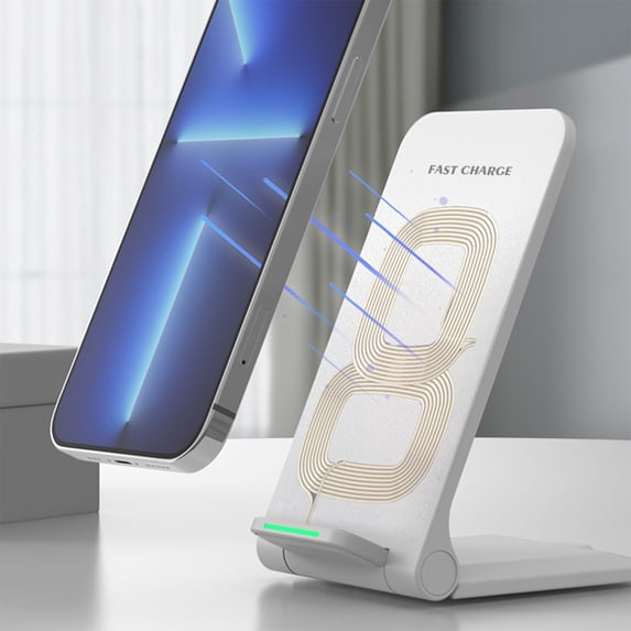 15W Fast Wireless Charging Stand, Wuztai Foldable Vertical Wireless Charger Dual Coil, Portable Desktop Charging Station for Android with Smart Protection, White