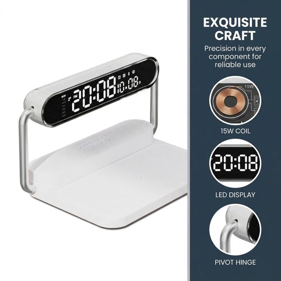15W Foldable Charging Station 4-in-1 alarm clock with wireless speaker, RGB ambient lighting, LED display, touch controls, brightness adjustment. Compatible with iPhone 16/15/14/13/12.