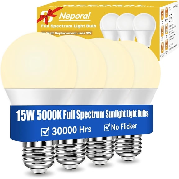 15W Full Spectrum Light Bulb, 2700K Warm UV-Free Natural Sunlight Bulbs, 15W 100W Equivalent LED Light Bulb, CRI 90+, No Flicker, 1200Lumen Daylight Sun Light for HumansHome & Office,4PK