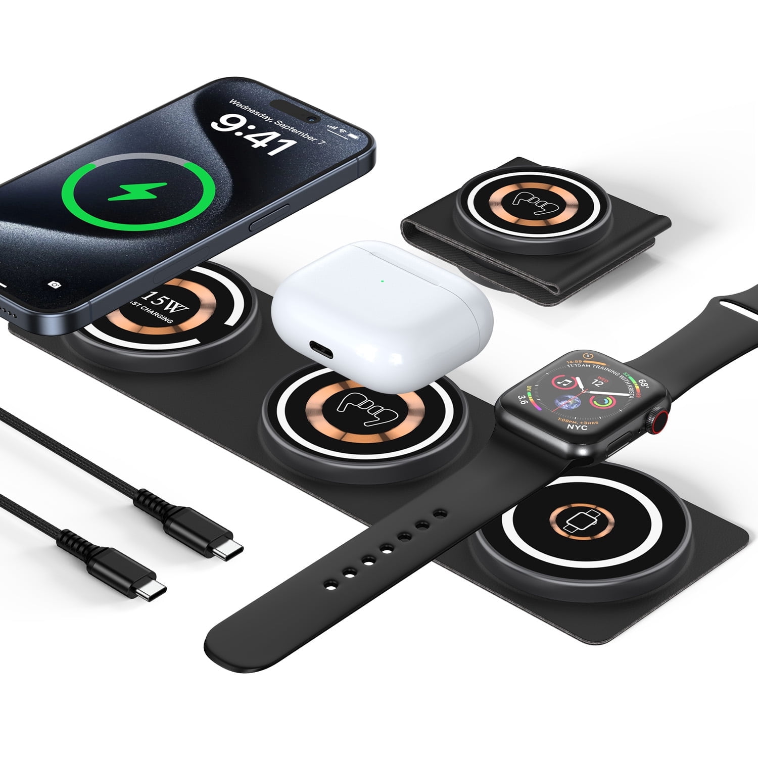 15W Magnetic Wireless Charger Pad,3 in 1 Travel Folded iWatch Wireless Charging Station Mag-Safe Charger Stand AirPods 3 Charging Mat Fast Charging dock Compatible for iWatch AirPods iPhone 17 16 15