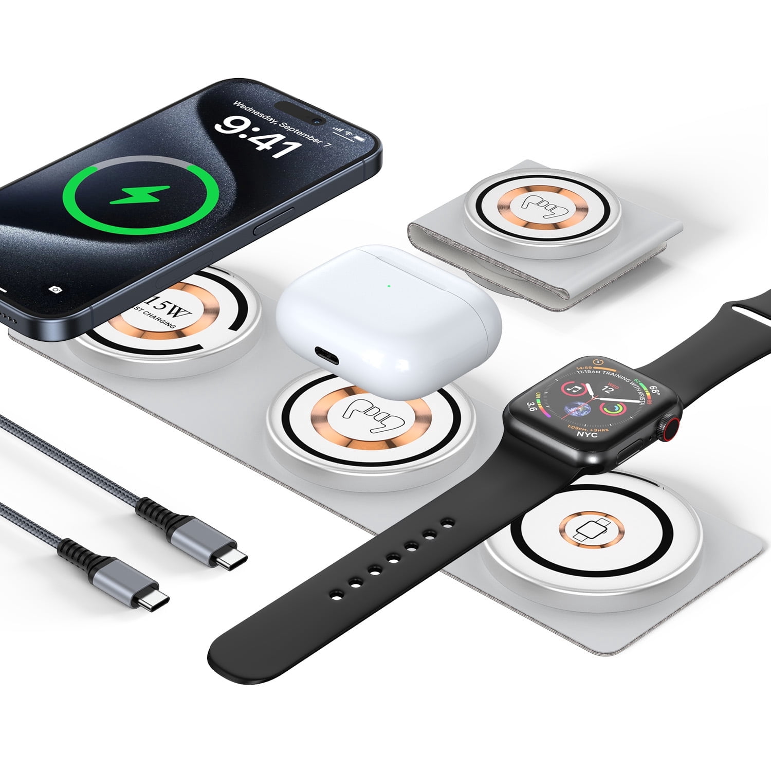 15W Magnetic Wireless Charger Pad,3 in 1 Travel Folded iWatch Wireless Charging Station Mag-Safe Charger Stand AirPods 3 Charging Mat Fast Charging dock Compatible for iWatch AirPods iPhone 17 16 15