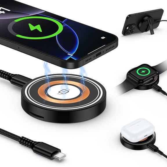 15W Magnetic Wireless Charger Pad,3 in 1 Travel iWatch Wireless Charging Station Mag-Safe Charger Stand AirPods Fast Charging Mat Wireless Holder Stand Dock Fits for iWatch AirPods iPhone 16 15 14