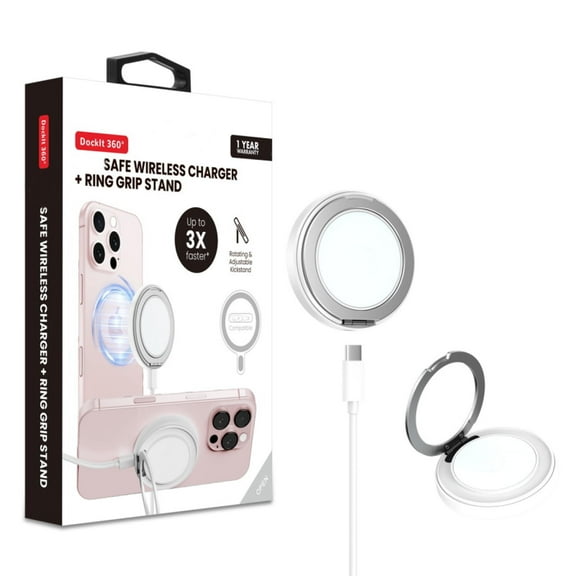 15W Magnetic Wireless Charger with Ring Stand – Fast Charging, 360° Grip Holder-White