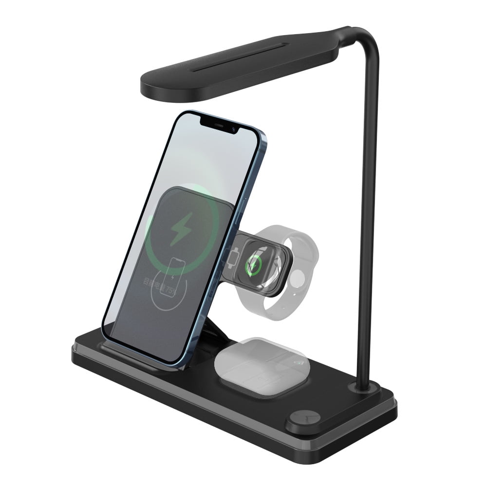 15W Multi-Function Foldable Wireless Charger with LED Night Light and Phone Stand, Compatible with i-Watch/i-Phone/Air-Pods, Portable Design-Black