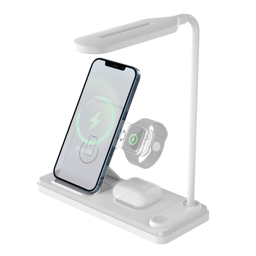 15W Multi-Function Foldable Wireless Charger with LED Night Light and Phone Stand, Compatible with i-Watch/i-Phone/Air-Pods, Portable Design-White