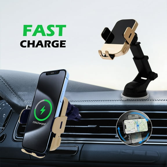 15W Qi Wireless Car Charger, Auto-Clamping Car Charger Phone Holder, Dashboard Vent Phone Mount, Gold, suitable for iPhone Series, for Samsung Galaxy S22+/S21/S10/Note20