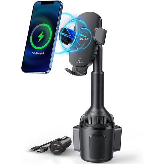 15W Qi Wireless Car Charger Cup Phone Holder, Fits 3"4" Round Cup Holders, Adjustable Long Arm & 360 Rotation, Compatible with iPhone 17 16 15 14 13 Pro Max