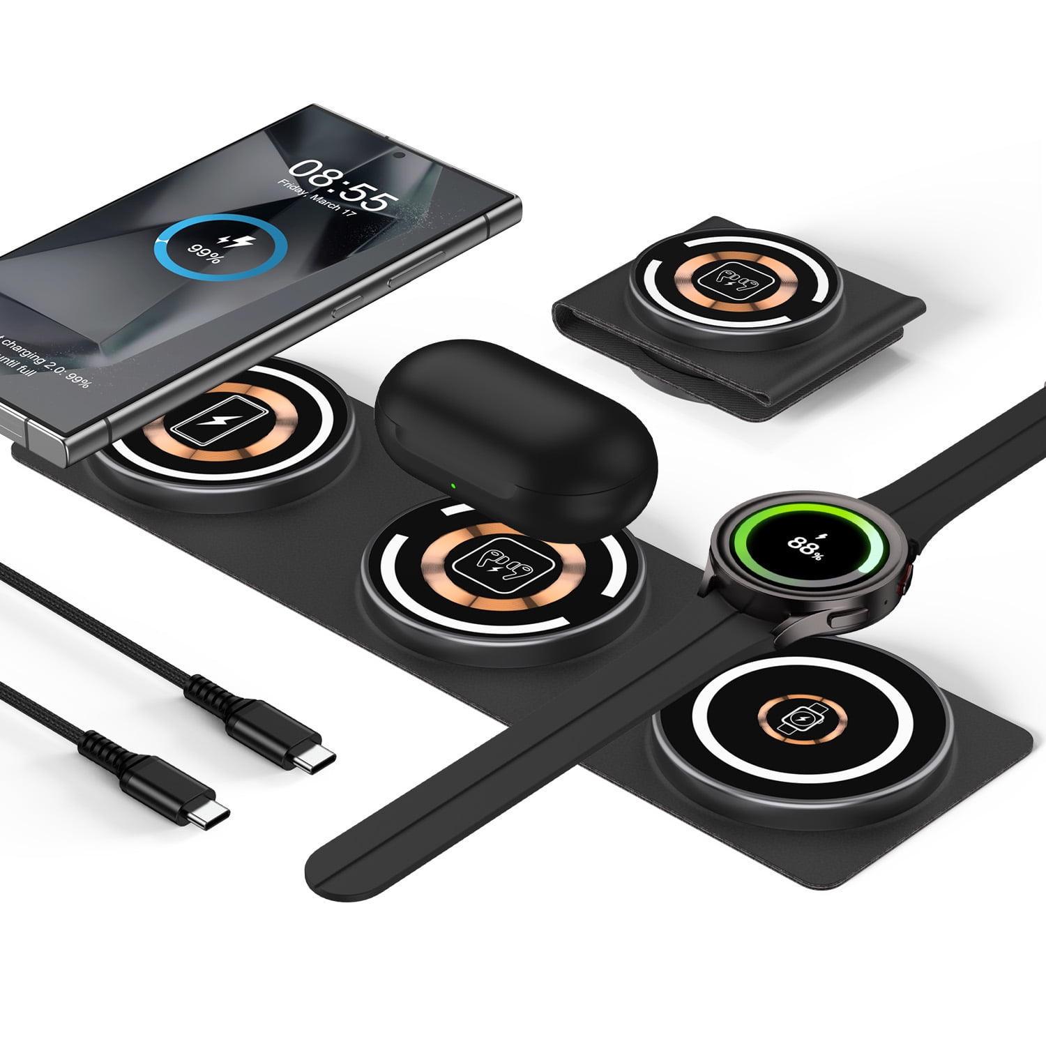 15W Samsung Wireless Charger Pad,3 in 1 Travel Foldable Watch 6 Classic Wireless Charging Station Phone Charger Stand Charging Mat Android Fast Charging dock for Samsung Galaxy S24 S23 Buds 2 Pro Live