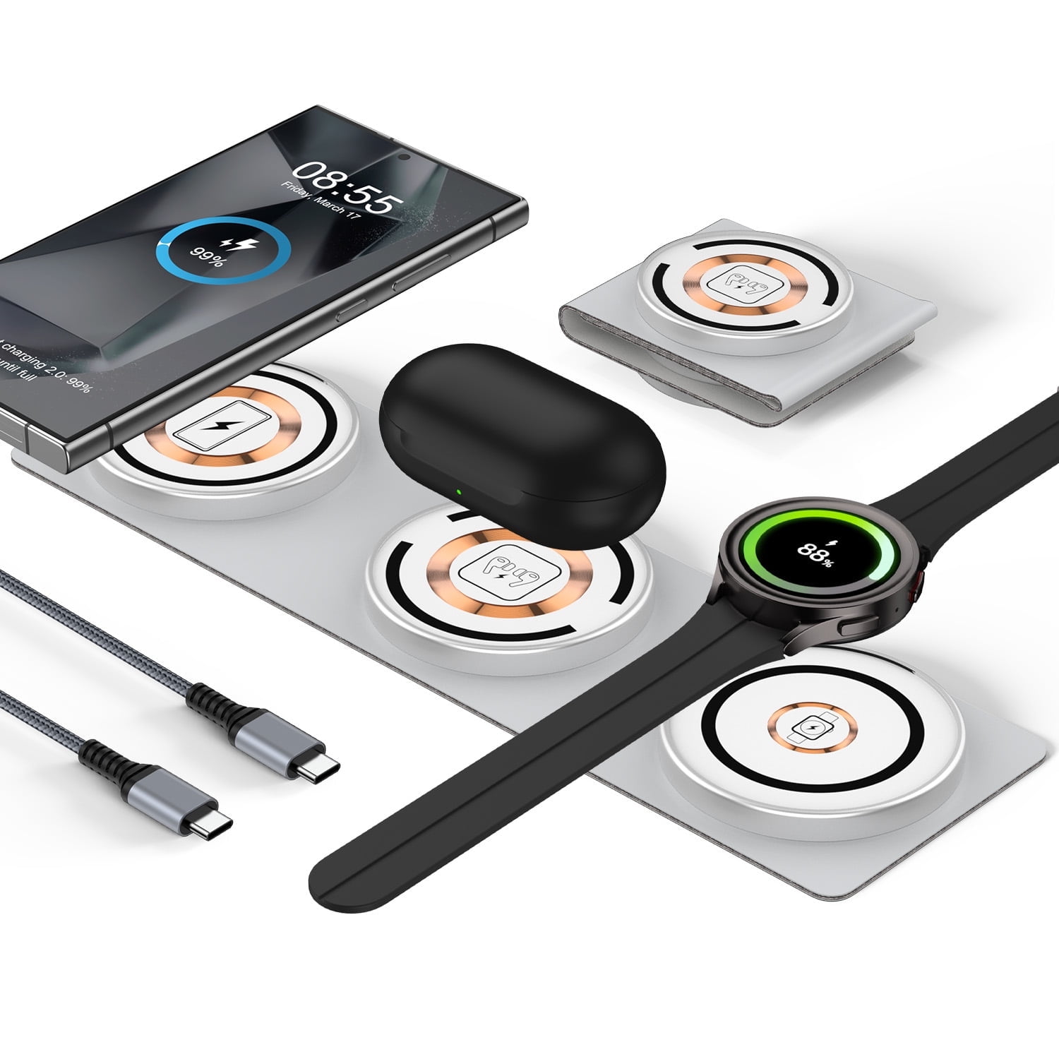 15W Samsung Wireless Charger Pad,3 in 1 Travel Foldable Watch 6 Classic Wireless Charging Station Phone Charger Stand Charging Mat Android Fast Charging dock Compatible for Samsung S25 Buds2 Pro Live