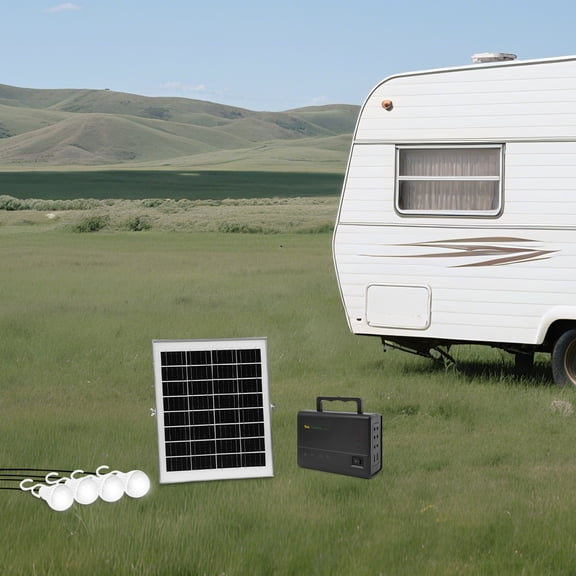 15W Solar Generator Portable Power Station 12V 4A Battery Backup W/4 Dimmable LED Bulbs, IP65 Waterproof Solar Panel for Camping Home Emergency Off-Grid