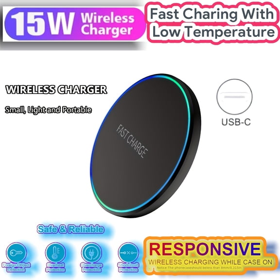 15W Ultra Thin Wireless Charging Pad with LED Indicator, Portable Round Fast Charger for Desktop Home Office, Compatible with iPhone Samsung Android, Holiday Gift for Christmas Halloween