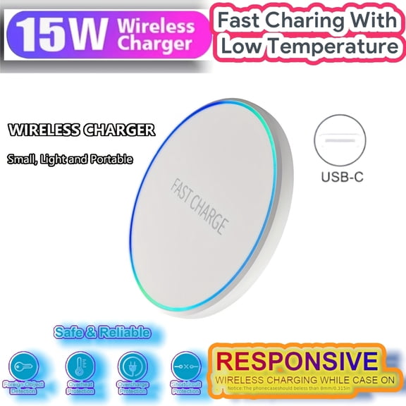 15W Ultra Thin Wireless Charging Pad with LED Indicator, Portable Round Fast Charger for Desktop Home Office, Compatible with iPhone Samsung Android, Holiday Gift for Christmas Halloween
